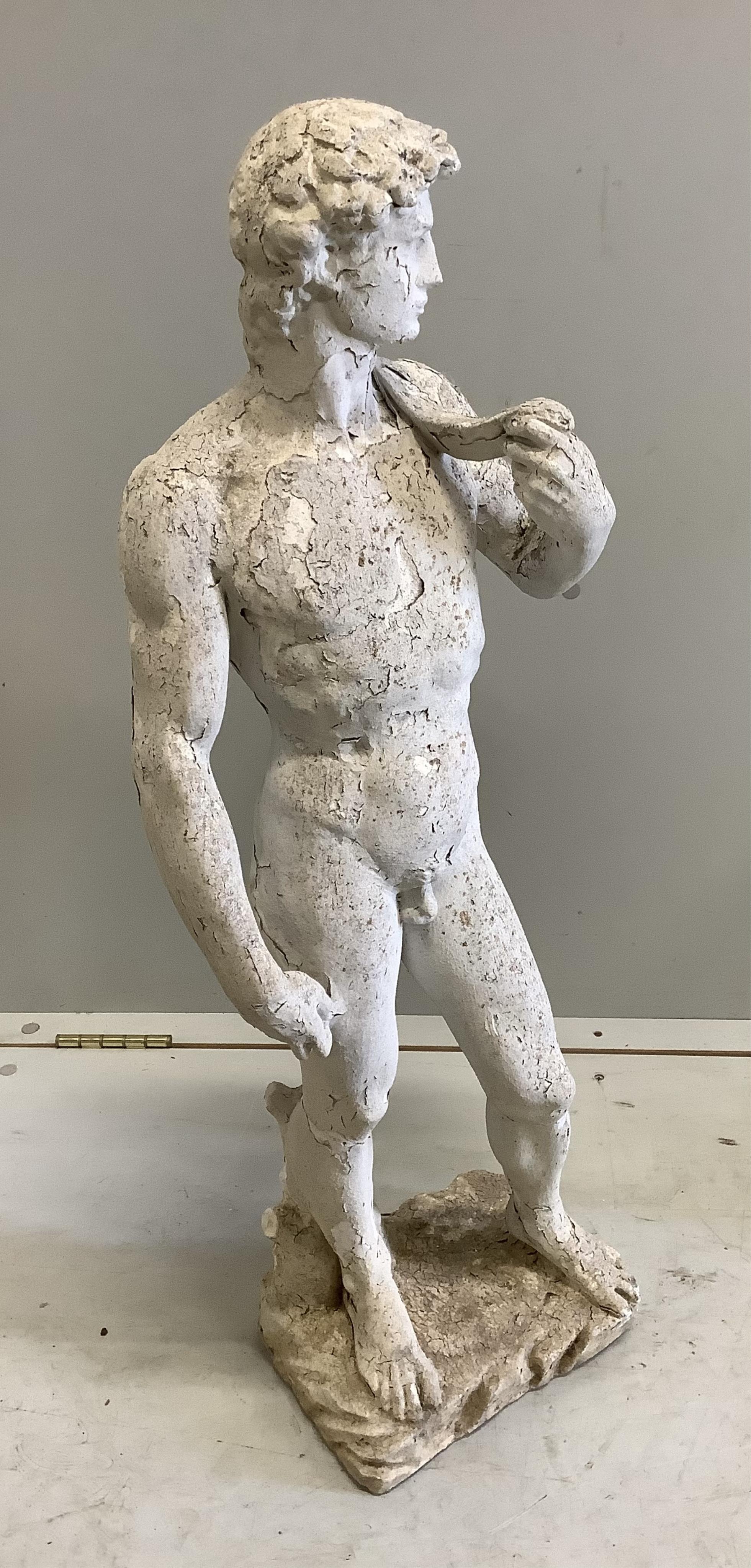 A plaster figure and three other items, largest height 76cm. Condition - poor to fair